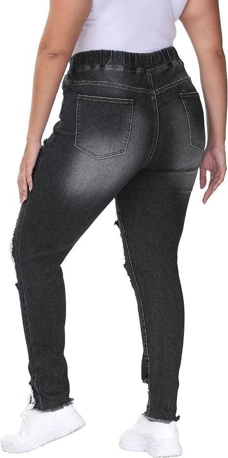 Womens Plus Size Skinny Distressed Jeans High Waisted Stretch Drawstring Ripped Denim Joggers view 2