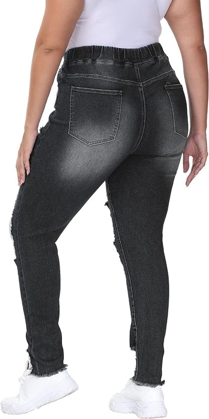 Womens Plus Size Skinny Distressed Jeans High Waisted Stretch Drawstring Ripped Denim Joggers view 2