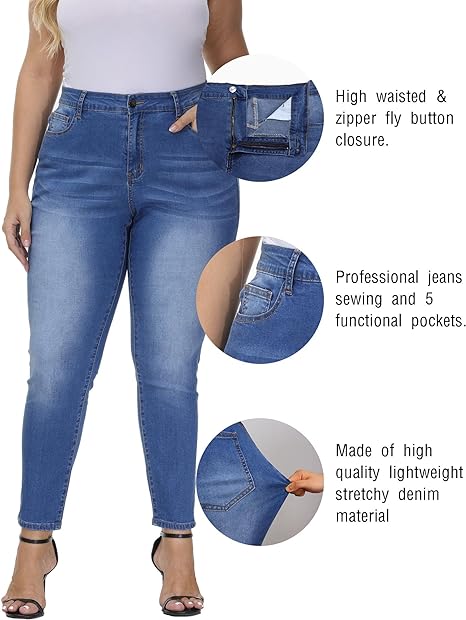 Womens Plus Size Skinny Jeans Stretchy High Waisted Ankle Jean view 3