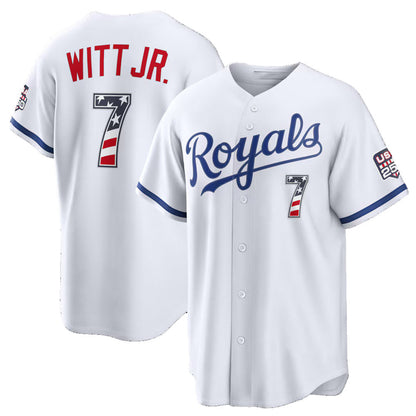 Kansas City Royals #7 Bobby Witt Jr. USA 250 Fourth of July Home Stadium Jersey - White Tailgate Goods - Main View