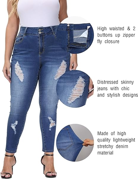 Womens Plus Size Skinny Jeans Stretchy High Waisted Ankle Jean view 3