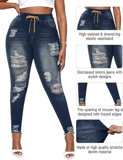Womens Plus Size Skinny Distressed Jeans High Waisted Stretch Drawstring Ripped Denim Joggers view 3