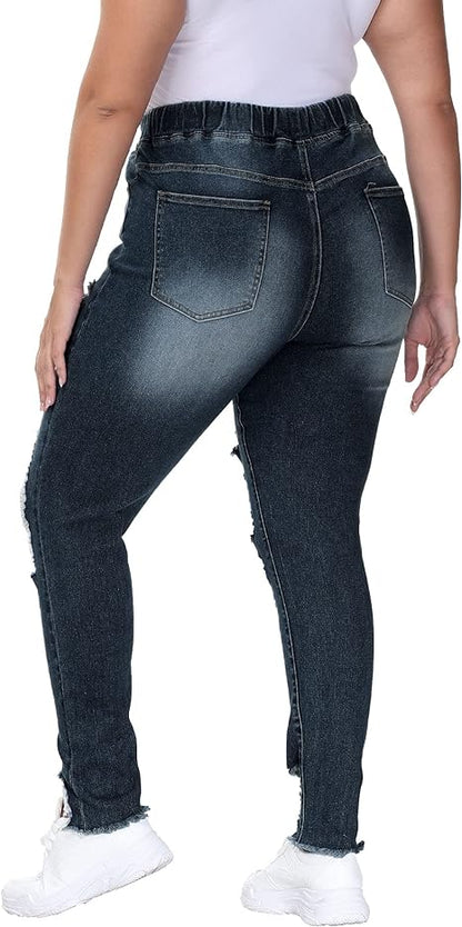 Womens Plus Size Skinny Distressed Jeans High Waisted Stretch Drawstring Ripped Denim Joggers view 2