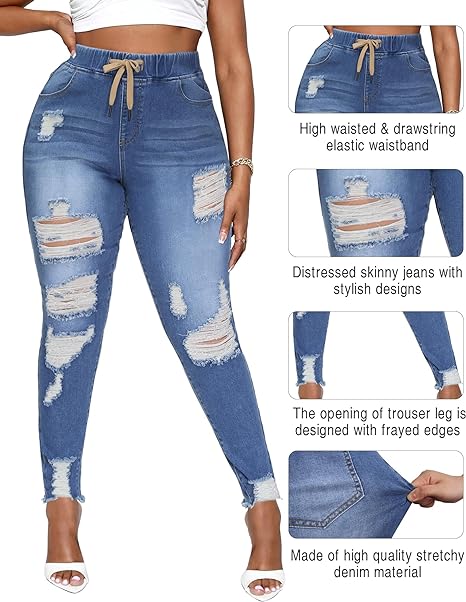 Womens Plus Size Skinny Distressed Jeans High Waisted Stretch Drawstring Ripped Denim Joggers view 3