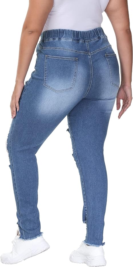 Womens Plus Size Skinny Distressed Jeans High Waisted Stretch Drawstring Ripped Denim Joggers view 2