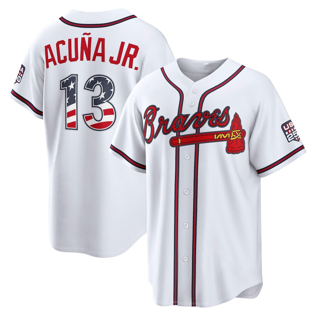 Atlanta Braves #13 Tailgate Goodsld Acu?a Jr. USA 250 Fourth of July Home Stadium Jersey - White Tailgate Goods - Main View