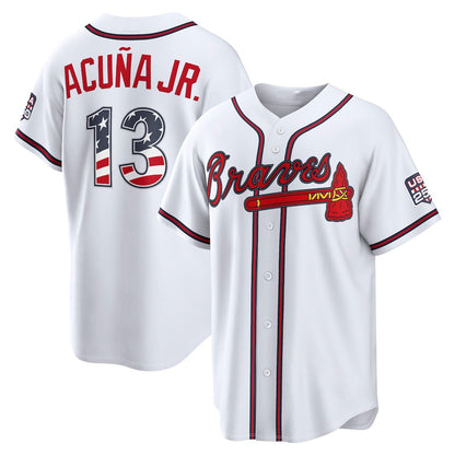 Atlanta Braves #13 Tailgate Goodsld Acu?a Jr. USA 250 Fourth of July Home Stadium Jersey - White Tailgate Goods - Main View