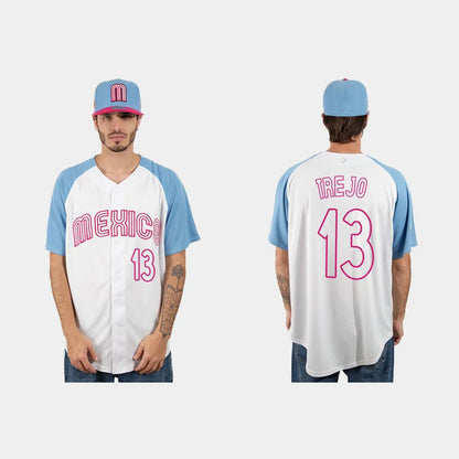#13 ALAN TREJO MEXICO BASEBALL 2023 WORLD BASEBALL CLASSIC JERSEY ¨C WHITE BLUE Stitches Baseball Jerseys - Main View