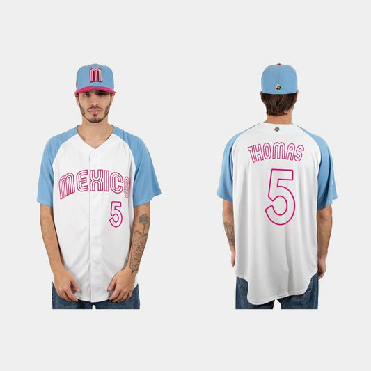#5 ALEK THOMAS MEXICO BASEBALL 2023 WORLD BASEBALL CLASSIC JERSEY ¨C WHITE BLUE Stitches Baseball Jerseys - Main View