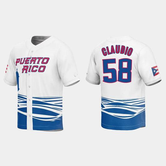#58 ALEX CLAUDIO PUERTO RICO BASEBALL 2023 WORLD BASEBALL CLASSIC JERSEY ¨C WHITE Stitches Baseball Jerseys - Main View