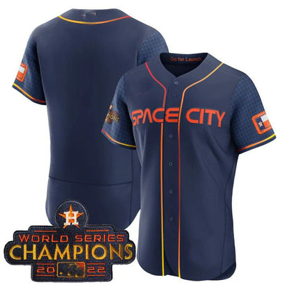 Houston Astros BLUE 2023 SPACE CITY CHAMPIONS FLEX JERSEY ¨C ALL STITCHED Baseball Jerseys - Main View