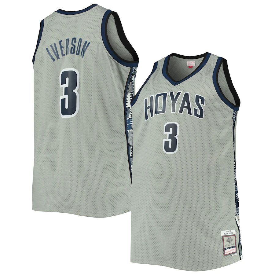 G.Hoyas #3 Allen Iverson Mitchell & Ness Big & Tall 1995-96 Replica Player Jersey Gray Stitched American College Jerseys - Main View