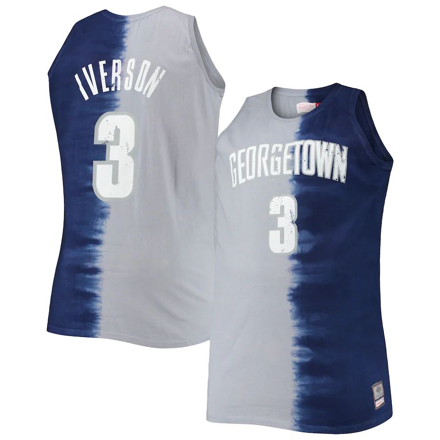 G.Hoyas #3 Allen Iverson Mitchell & Ness Big & Tall Player Tie-Dye Jersey Navy Gray Stitched American College Jerseys - Main View