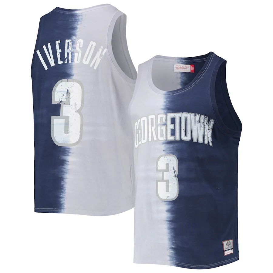 G.Hoyas #3 Allen Iverson Mitchell & Ness Name & Number Tie-Dye Tank Top Gray Navy Stitched American College Jerseys - Main View