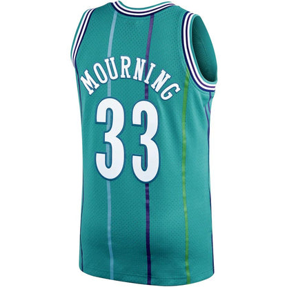 C.Hornets #33 Alonzo Mourning Mitchell & Ness 1992-93 Hardwood Classics Swingman Player Jersey  Teal Stitched American Basketball Jersey - Main View