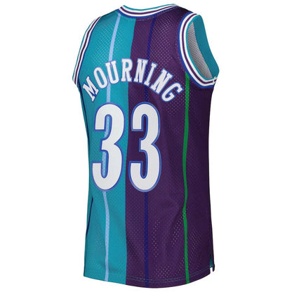 C.Hornets #33 Alonzo Mourning Mitchell & Ness Hardwood Classics 1992-93 Split Swingman Jersey Teal Purple Stitched American Basketball Jersey - Main View