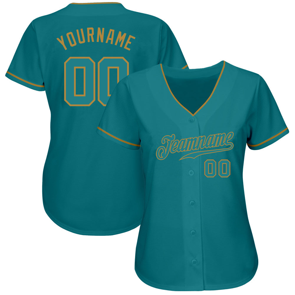 Custom Teal Teal-Old Gold Authentic Baseball Jersey view 2