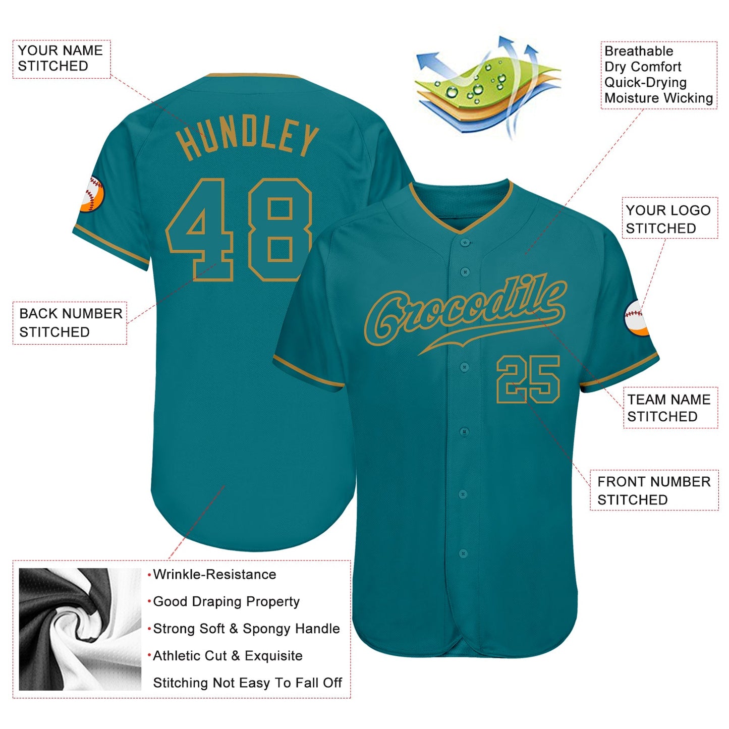 Custom Teal Teal-Old Gold Authentic Baseball Jersey view 3