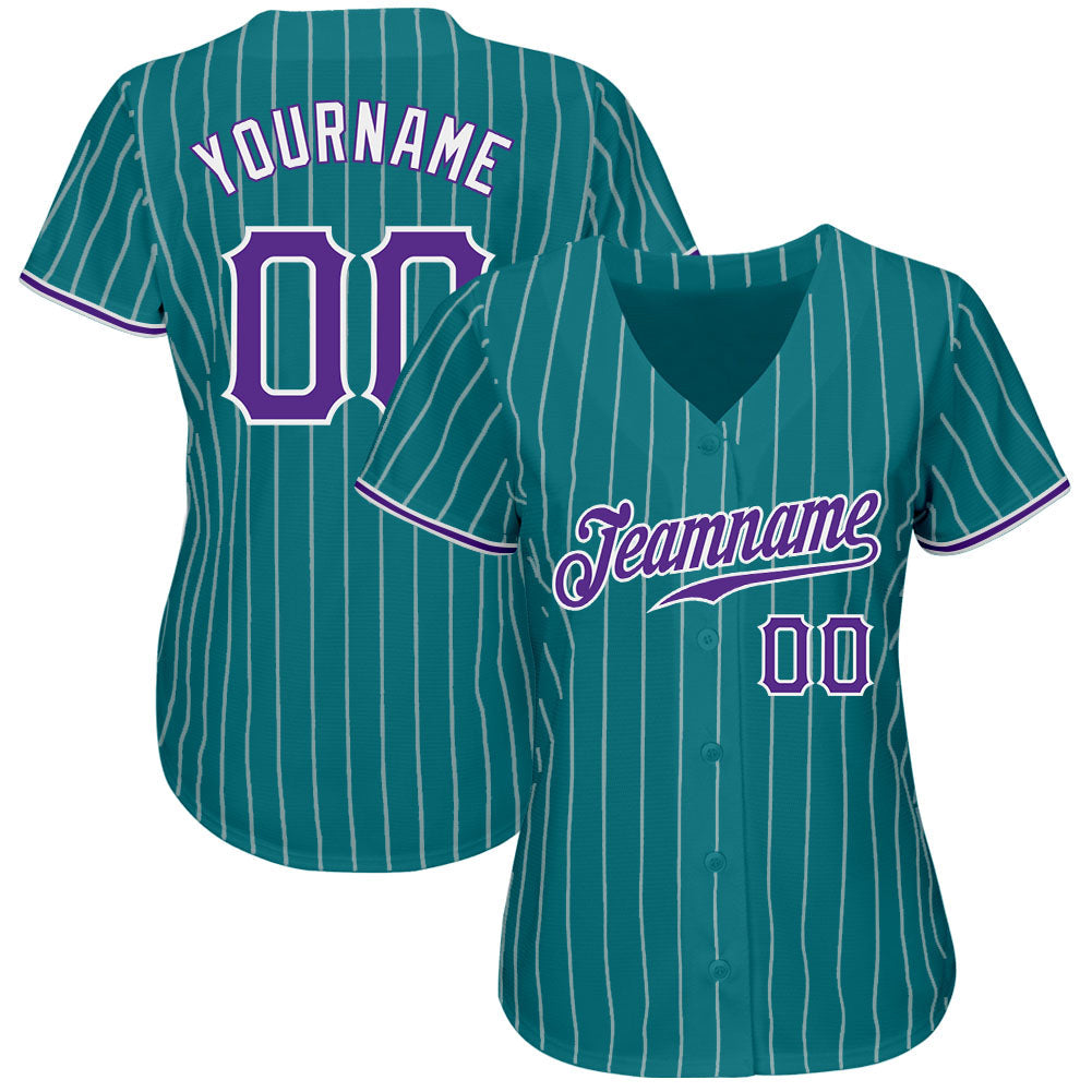 Custom Teal White Pinstripe Purple-White Authentic Baseball Jersey view 2
