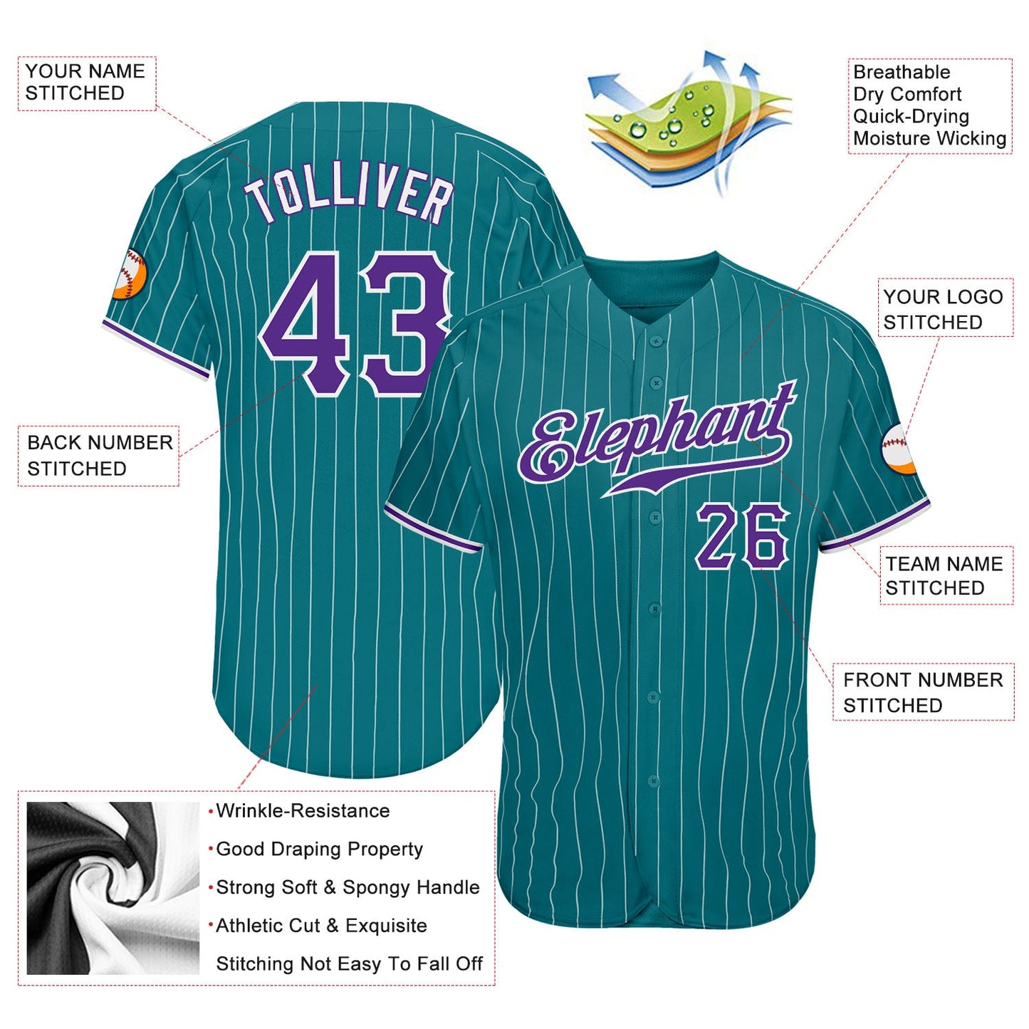Custom Teal White Pinstripe Purple-White Authentic Baseball Jersey view 3