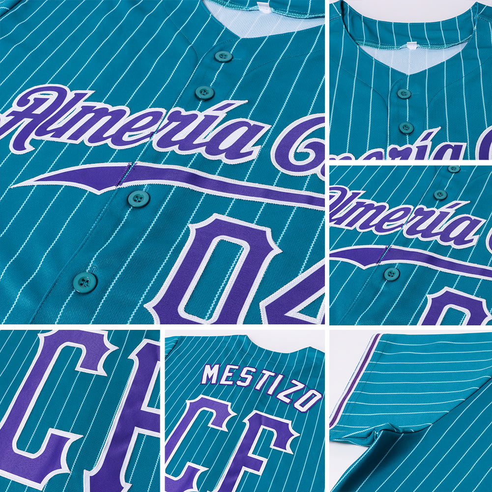 Custom Teal White Pinstripe Purple-White Authentic Baseball Jersey view 6
