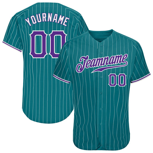 Custom Teal White Pinstripe Purple-White Authentic Baseball Jersey - Main View