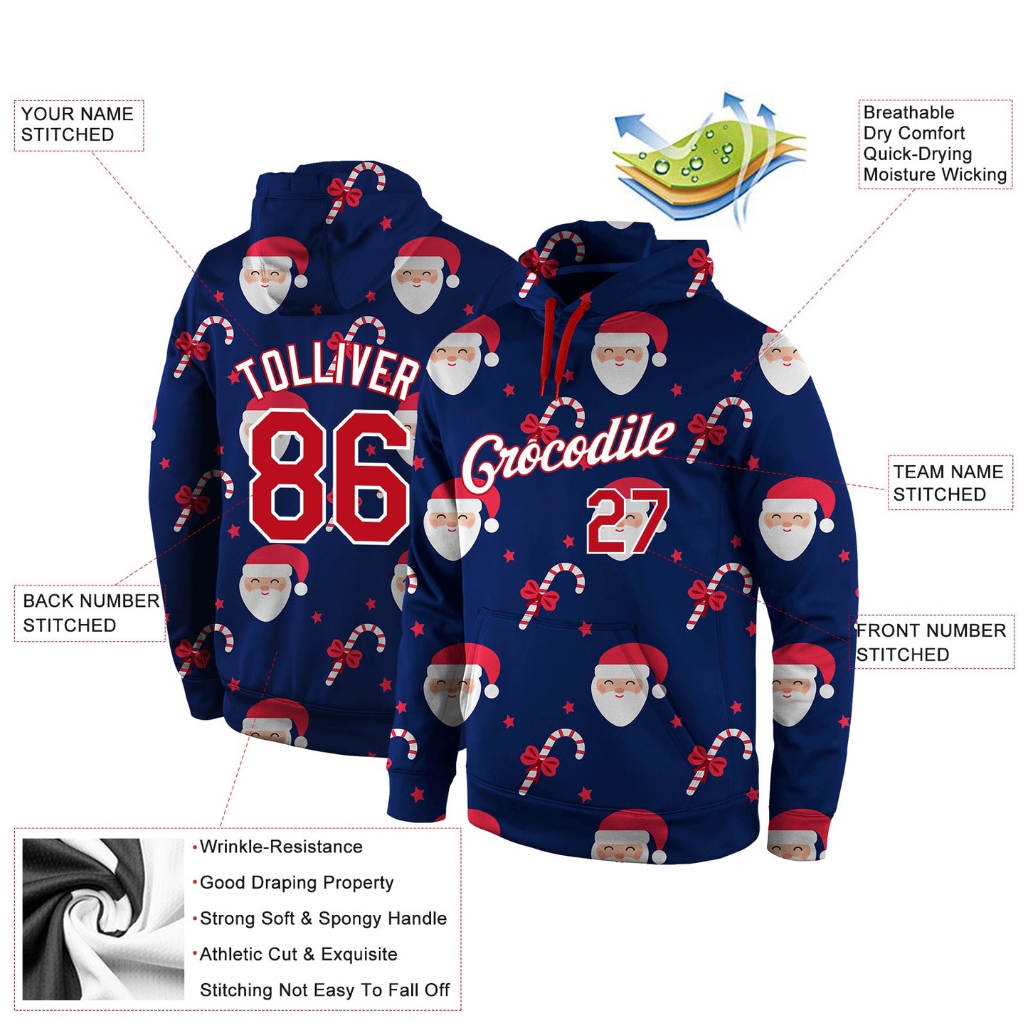 Custom Stitched Navy Red-White Christmas 3D Sports Pullover Sweatshirt Hoodie view 2