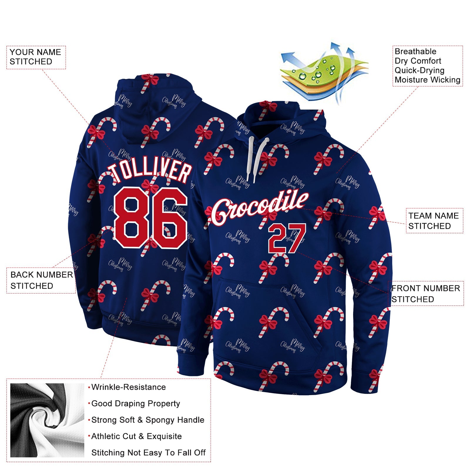 Custom Stitched Navy Red-White Christmas 3D Sports Pullover Sweatshirt Hoodie view 2
