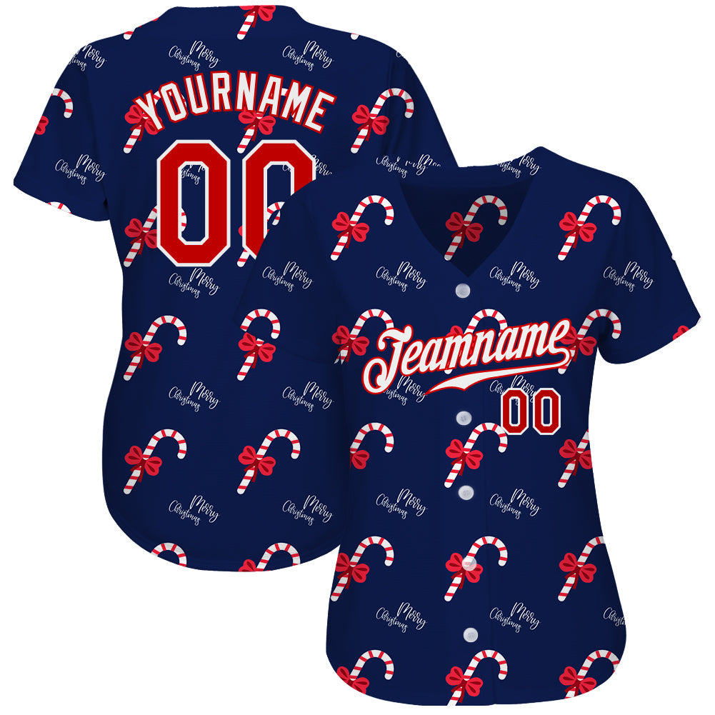 Custom Navy Red-White Christmas 3D Authentic Baseball Jersey view 2