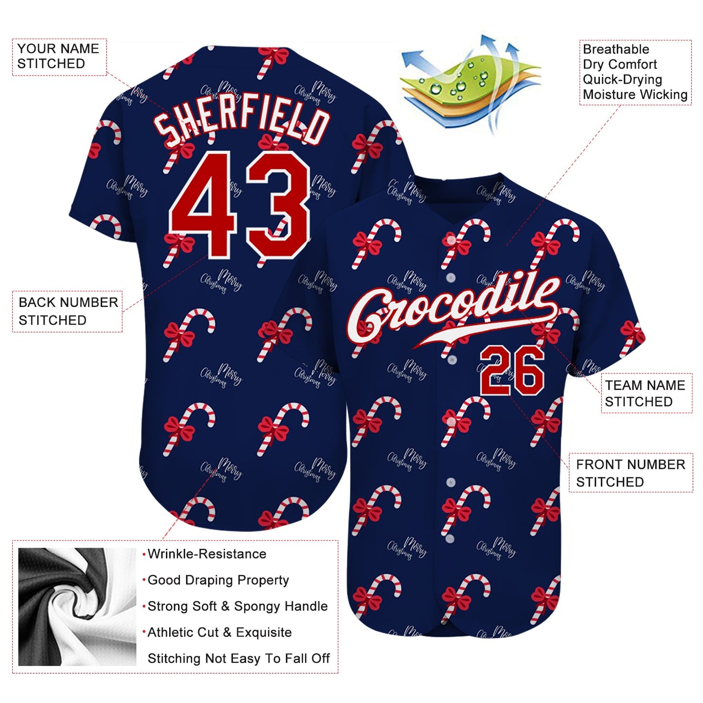 Custom Navy Red-White Christmas 3D Authentic Baseball Jersey view 3