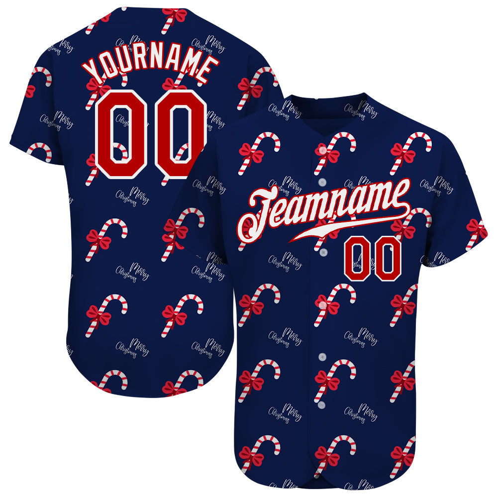 Custom Navy Red-White Christmas 3D Authentic Baseball Jersey - Main View