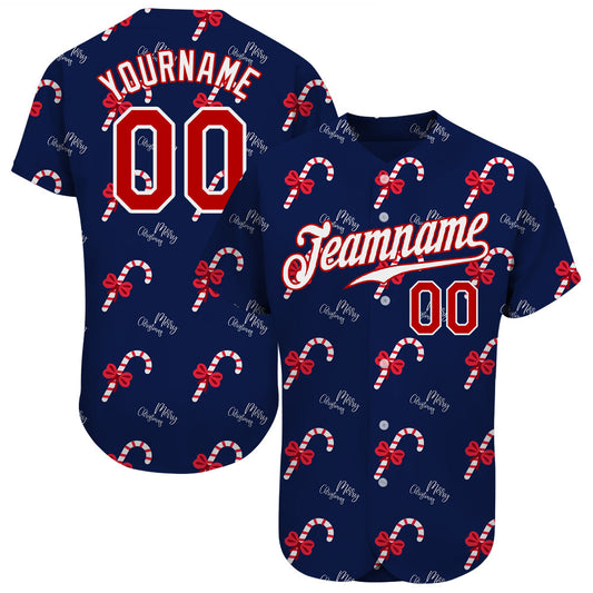 Custom Navy Red-White Christmas 3D Authentic Baseball Jersey - Main View