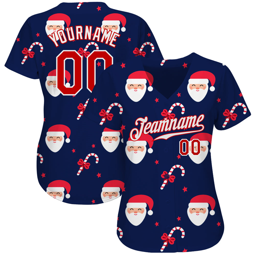 Custom Navy Red-White Christmas 3D Authentic Baseball Jersey view 2