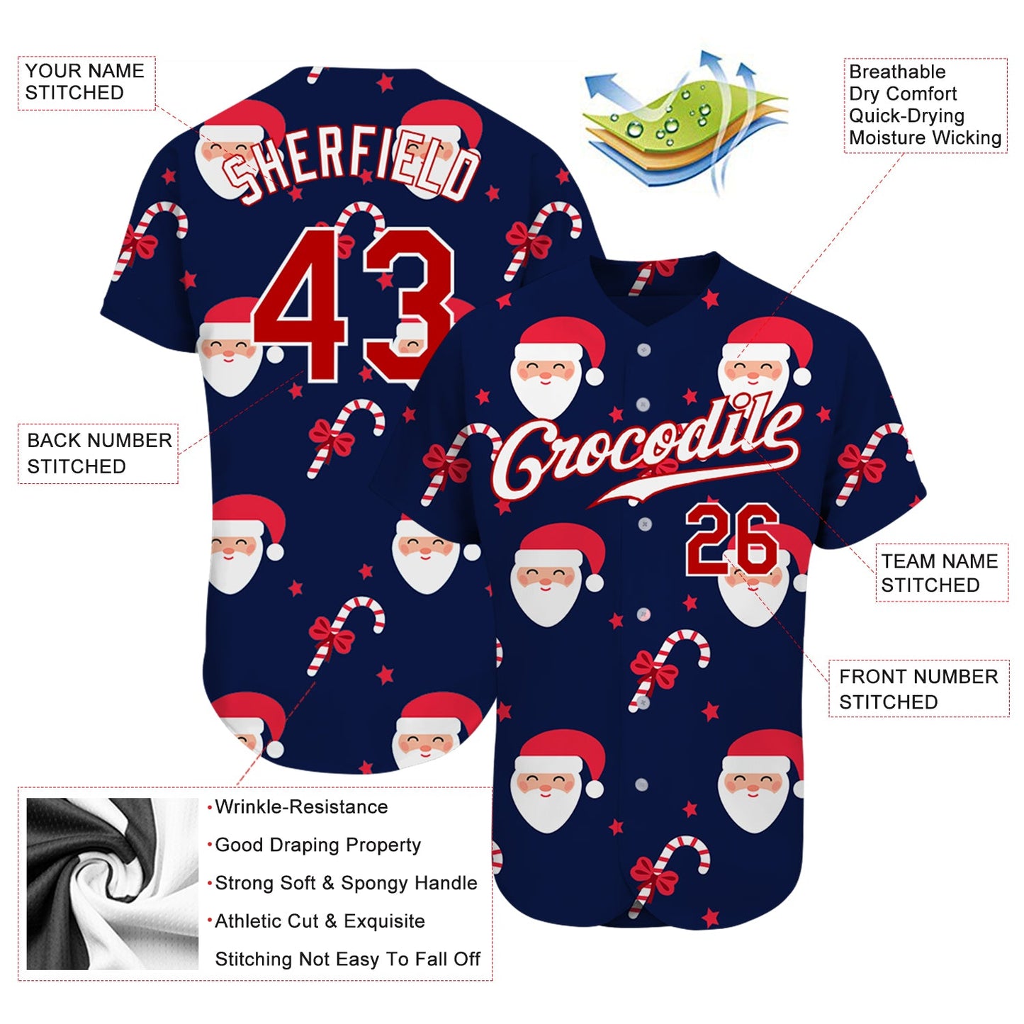 Custom Navy Red-White Christmas 3D Authentic Baseball Jersey view 3