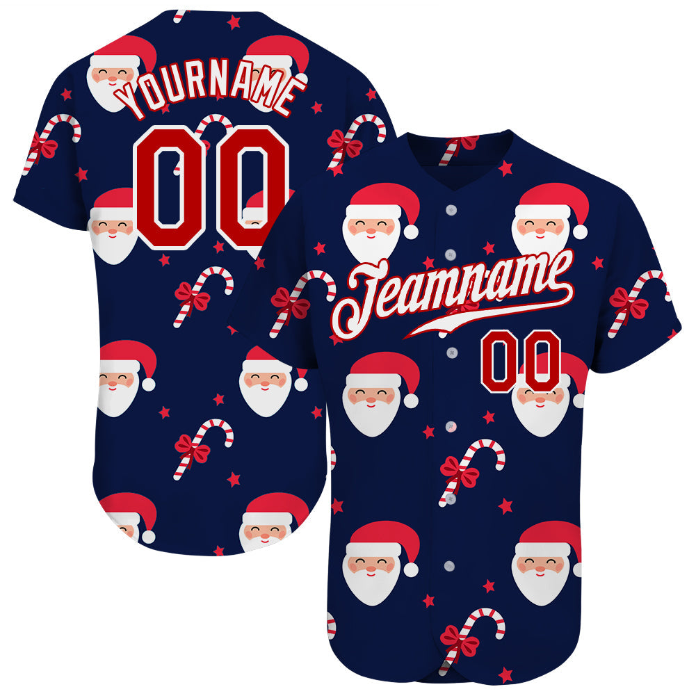 Custom Navy Red-White Christmas 3D Authentic Baseball Jersey - Main View