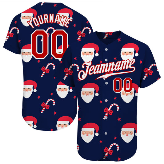 Custom Navy Red-White Christmas 3D Authentic Baseball Jersey - Main View