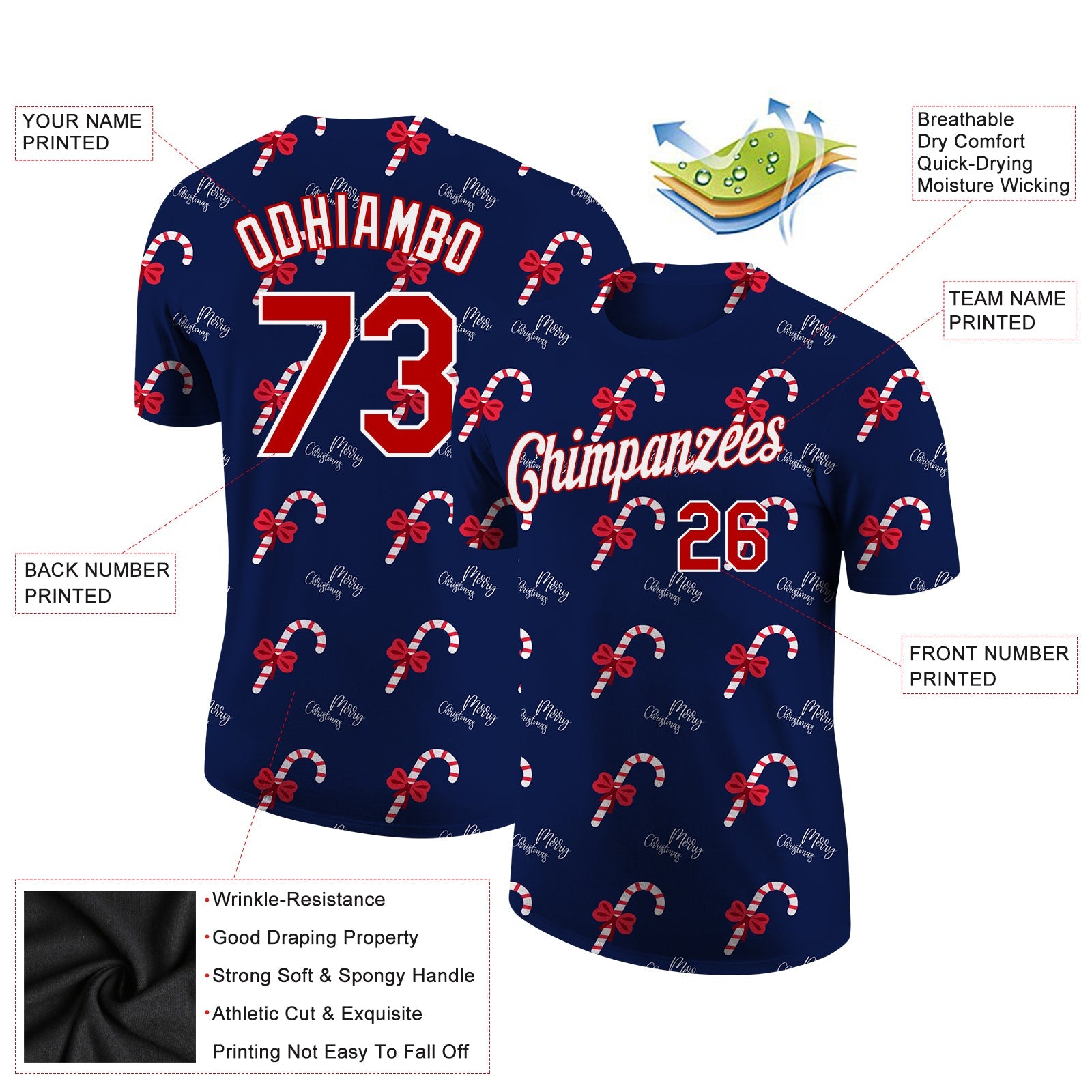 Custom Navy Red-White Christmas 3D Performance T-Shirt view 2