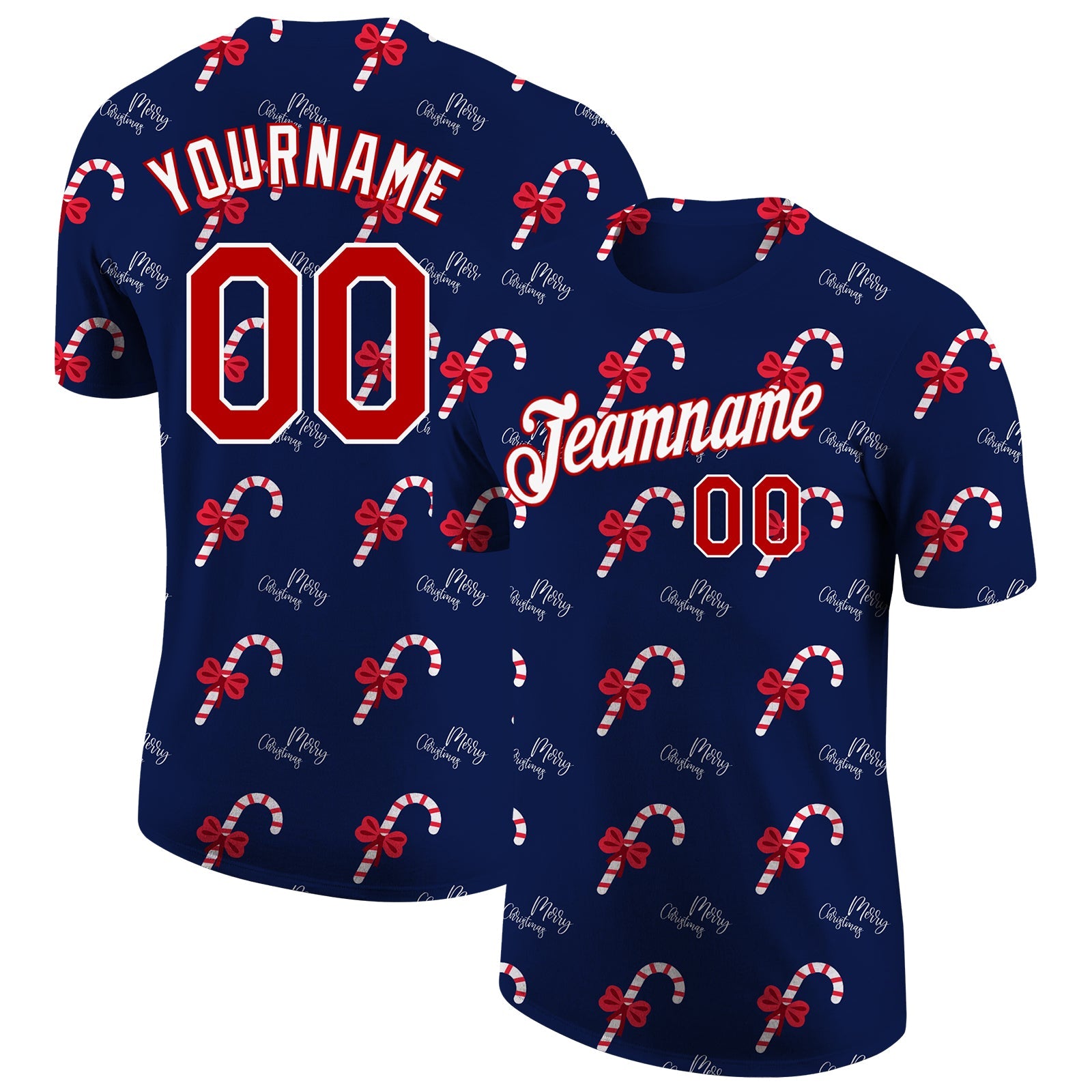 Custom Navy Red-White Christmas 3D Performance T-Shirt - Main View