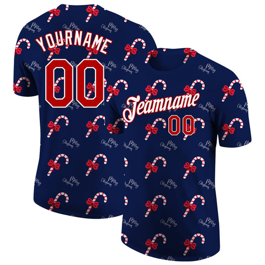 Custom Navy Red-White Christmas 3D Performance T-Shirt - Main View