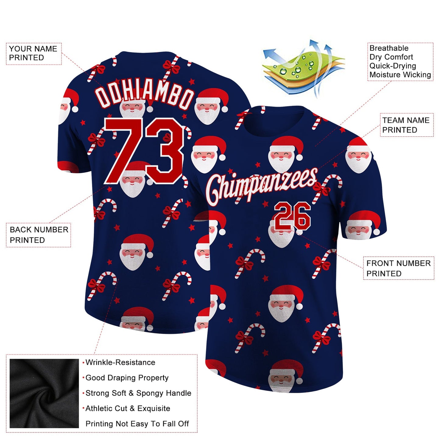 Custom Navy Red-White Christmas 3D Performance T-Shirt view 2