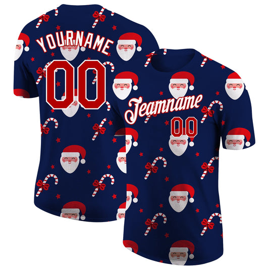Custom Navy Red-White Christmas 3D Performance T-Shirt - Main View