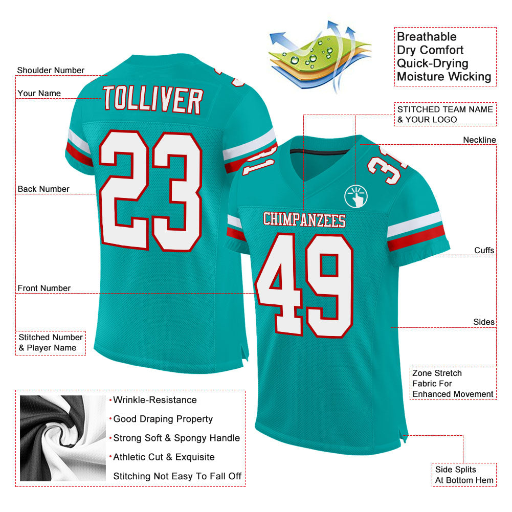 Custom Aqua White-Red Mesh Authentic Football Jersey view 2