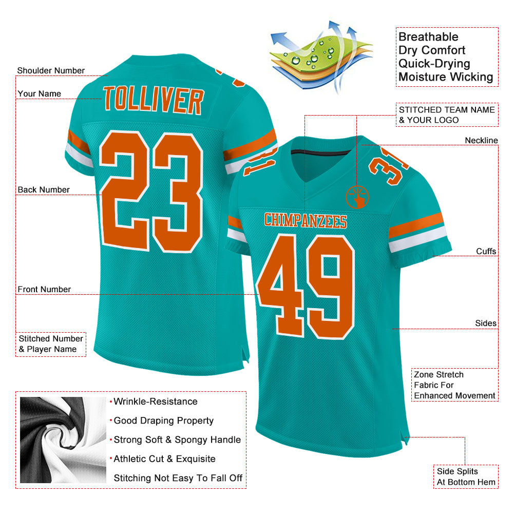 Custom Aqua Texas Orange-White Mesh Authentic Football Jersey view 2
