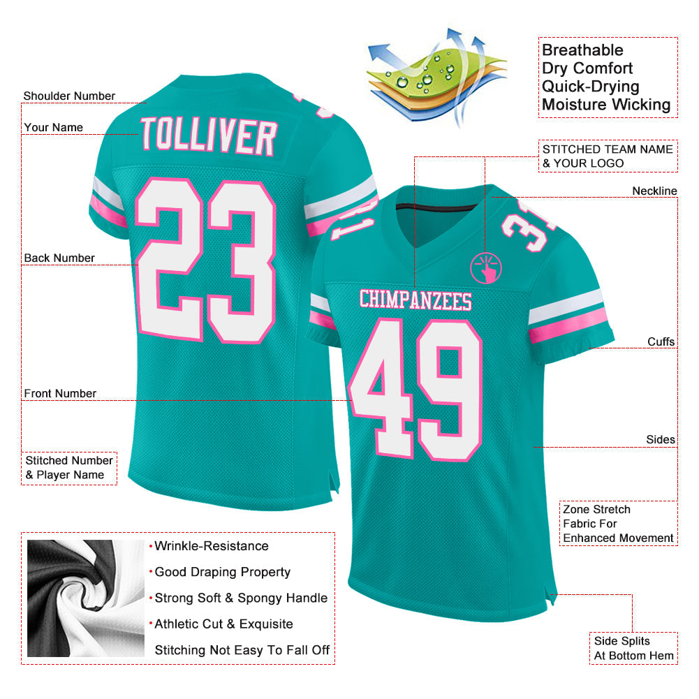 Custom Aqua White-Pink Mesh Authentic Football Jersey view 2