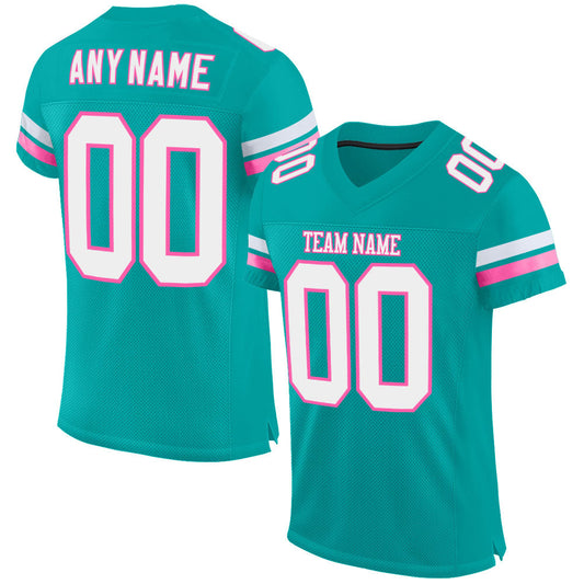 Custom Aqua White-Pink Mesh Authentic Football Jersey - Main View