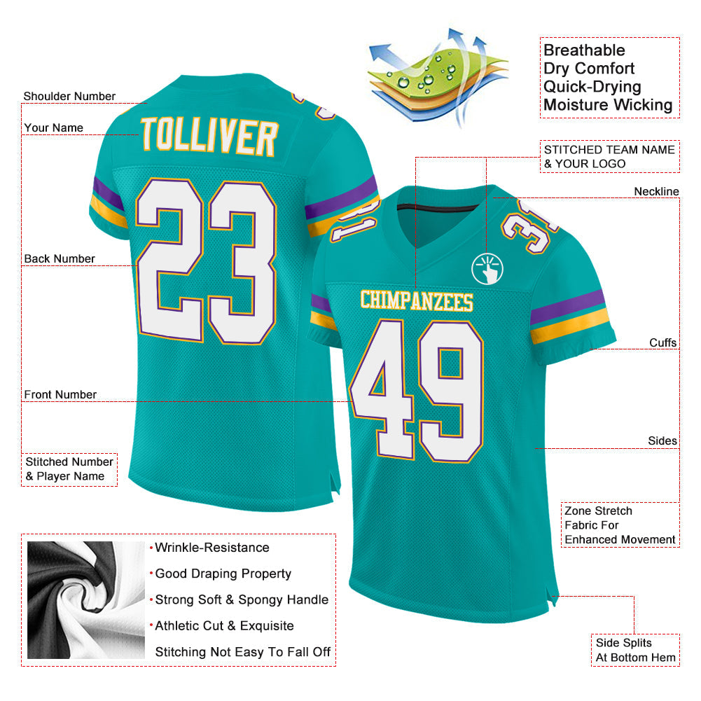 Custom Aqua White-Purple Mesh Authentic Football Jersey view 2