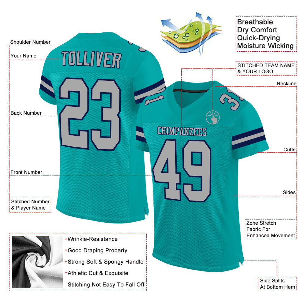 Custom Aqua Gray-Navy Mesh Authentic Football Jersey view 2