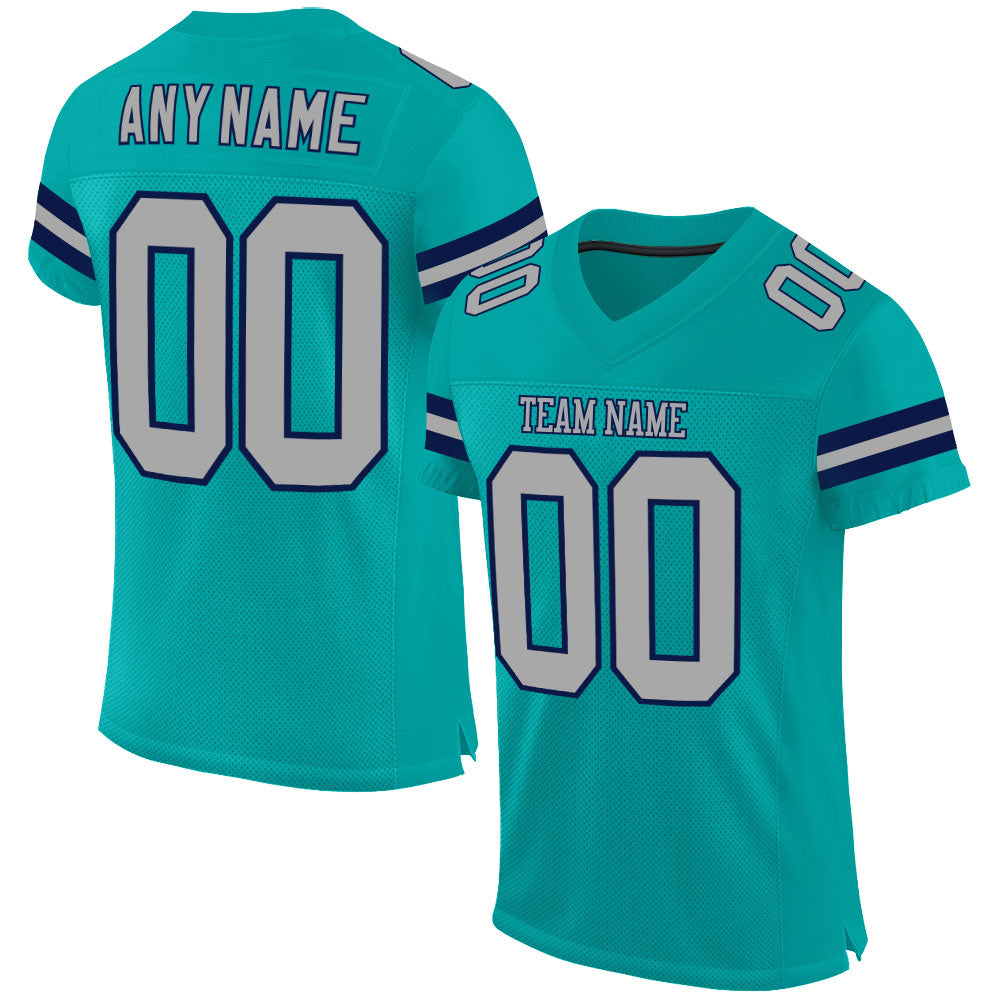 Custom Aqua Gray-Navy Mesh Authentic Football Jersey - Main View