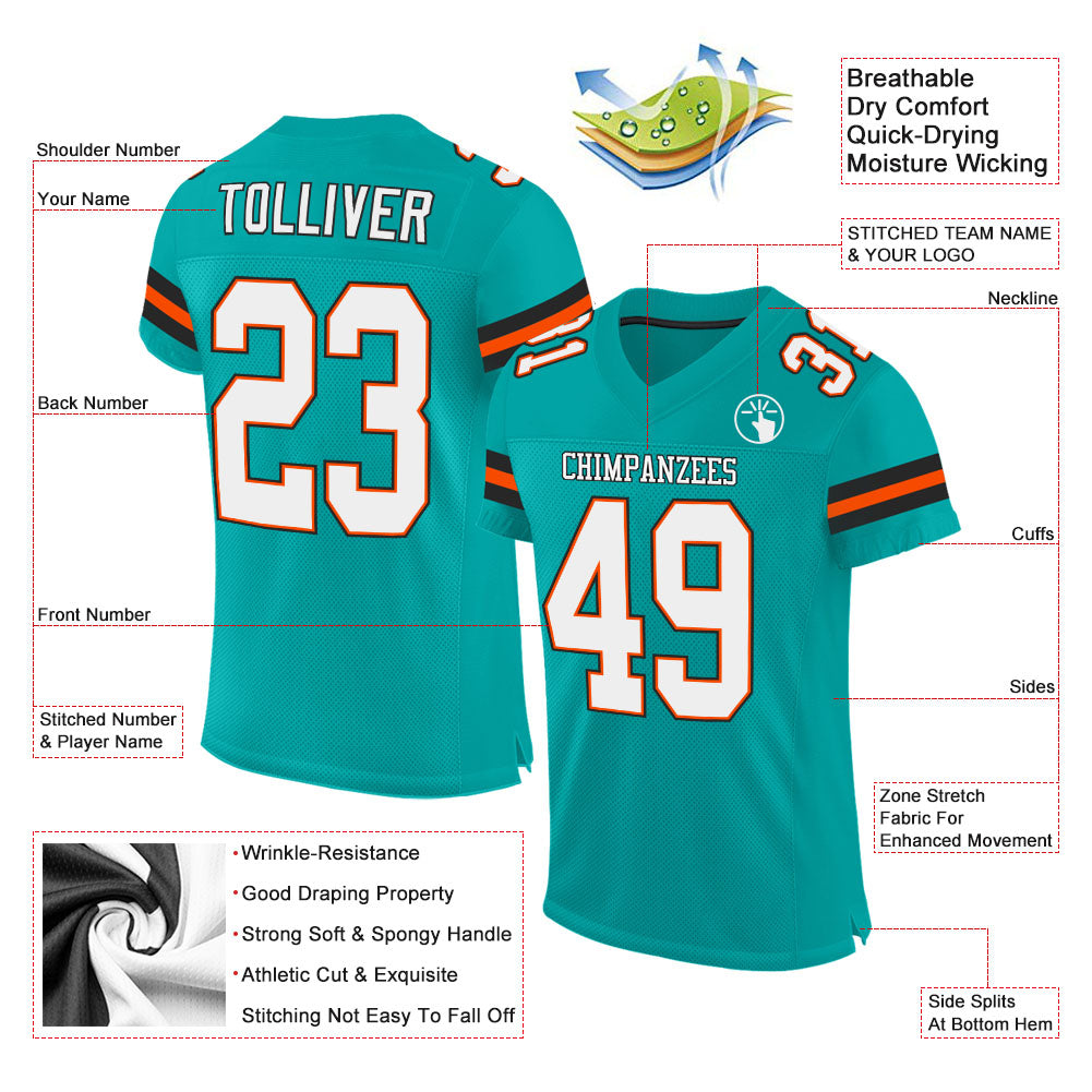 Custom Aqua White-Orange Mesh Authentic Football Jersey view 2