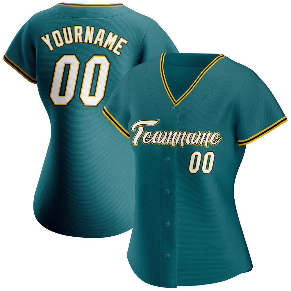 Custom Teal White-Gold Authentic Baseball Jersey view 2